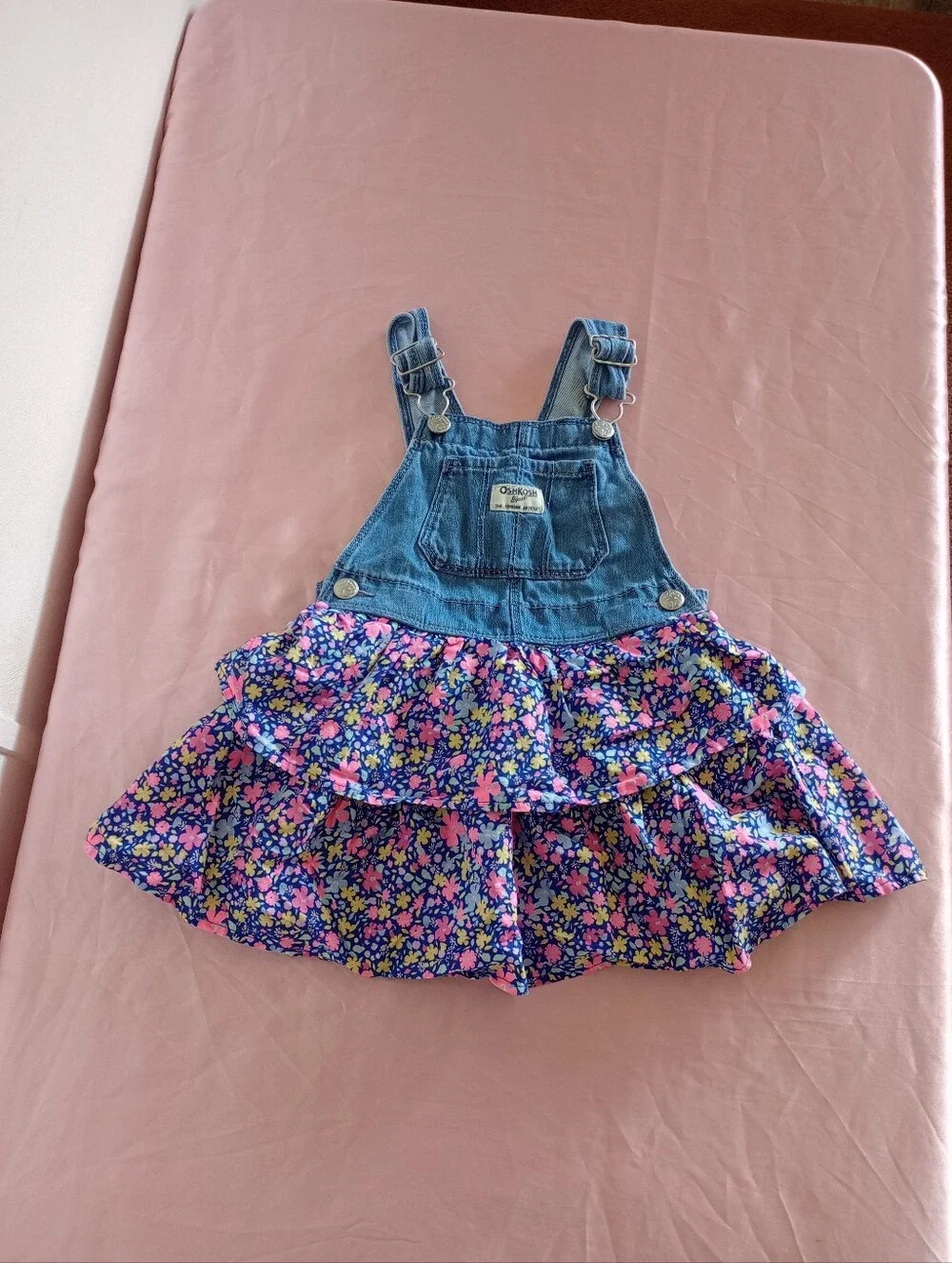 Oshkosh Girl Blue Denim Overall Dress Floral Skirt toddler Girls Sz. 3T